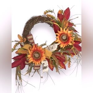 Sunflower Foilage and Bow Large Hanging Fall Wreath for Door or Wall Home Decor